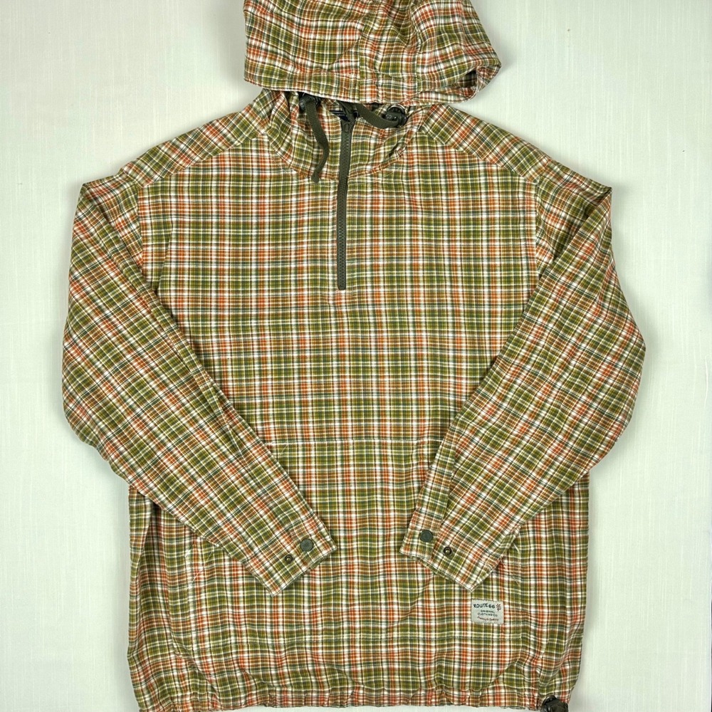 Route 66 Mens Plaid 1/4 Zip Hooded Anorak Jacket Green Orange Size Medium